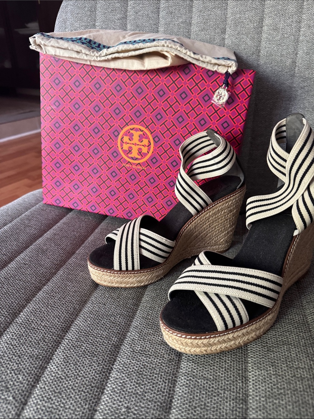 Tory Burch Black and White Striped Espadrille Wedge Sandals
